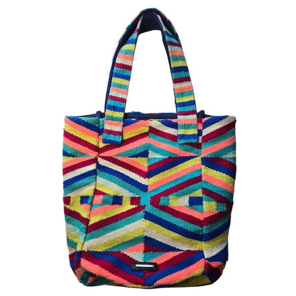 Rebecca Minkoff Wonderland Bucket Shoulder Tote Bag Woven Multicolor Geometric - Picture 1 of 14